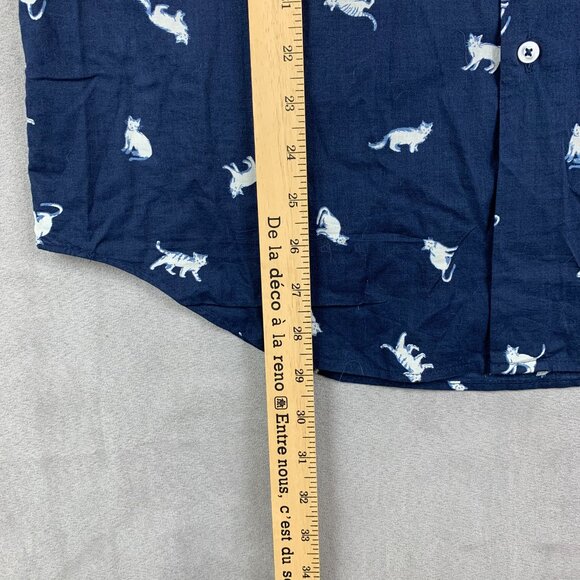 Naked & Famous Mens Shirt XL Navy Blue Hand Drawn Cats Button Up Short Sleeve - Picture 7 of 10